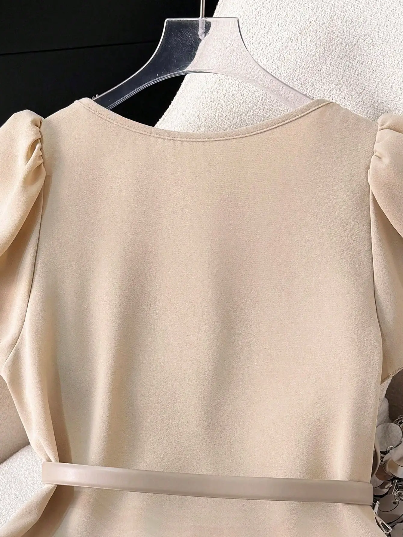 Women's V-Neck Ruffled Sleeve Slimming Top Beige