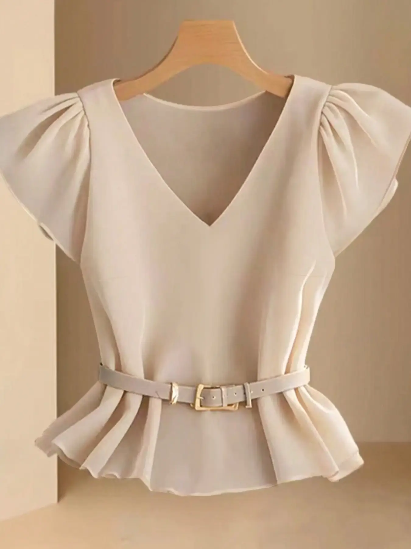 Women's V-Neck Ruffled Sleeve Slimming Top Beige — feature 5