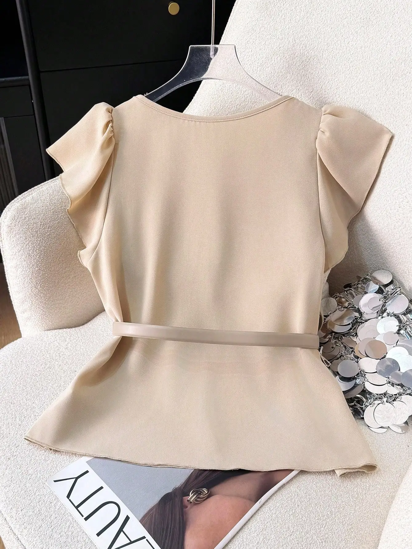 Women's V-Neck Ruffled Sleeve Slimming Top Beige — feature 6