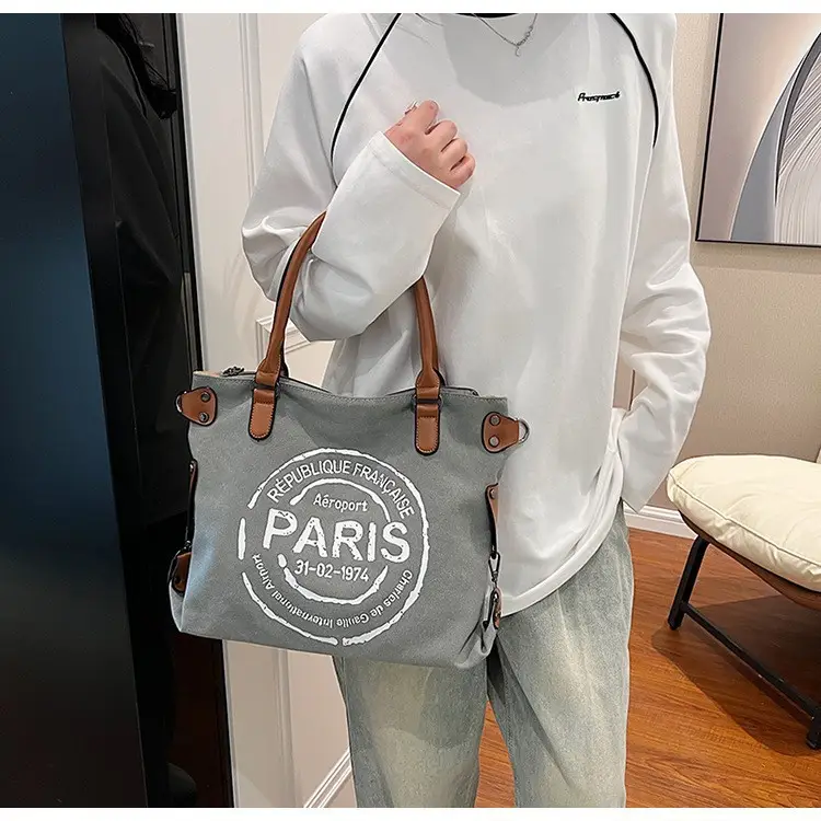 Paris Print Canvas Shoulder Bag Women Large Capacity - Image 6