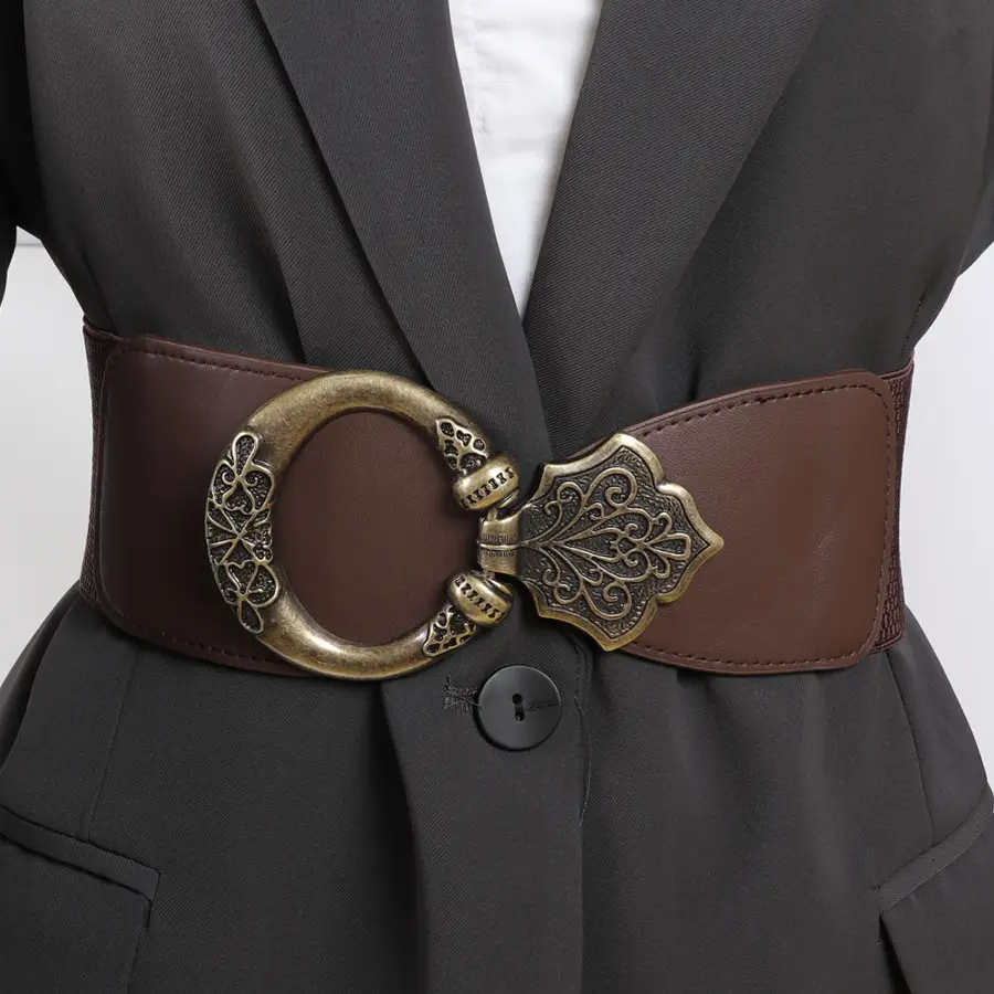 Women's Brown Retro Rivet Belt with Hollow Metal Decor - Image 5