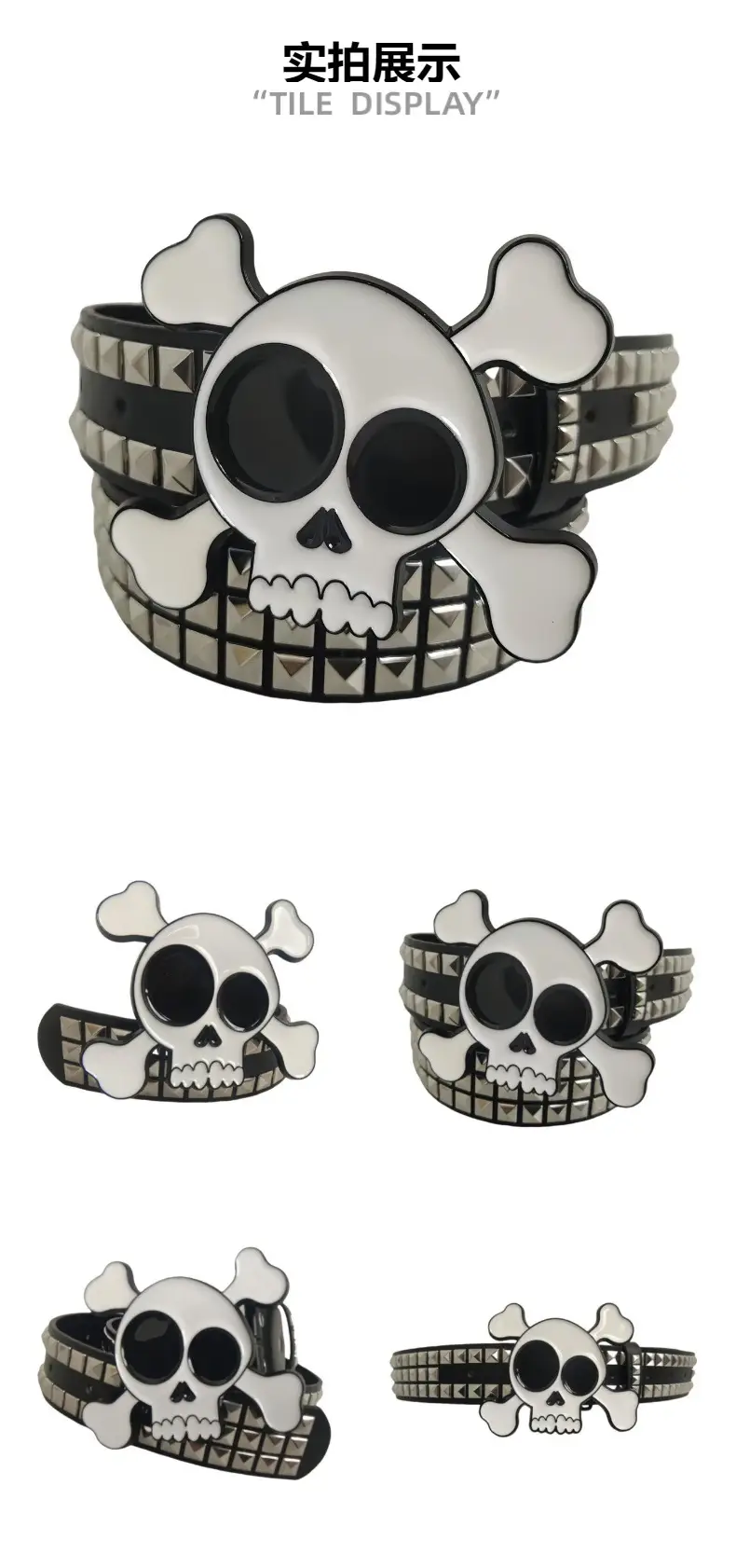 Big Skull Hip Hop Belt with Rivets and Diamond Stones — feature 1