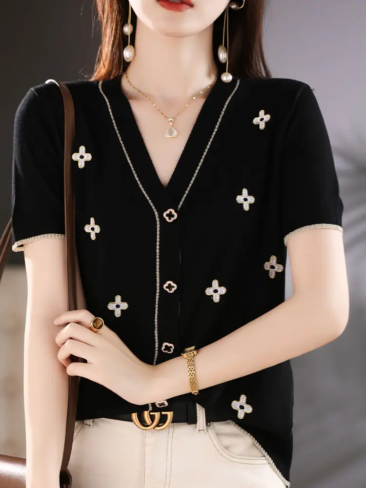 Ice Silk V-Neck Cardigan Pullover for Women - Image 4
