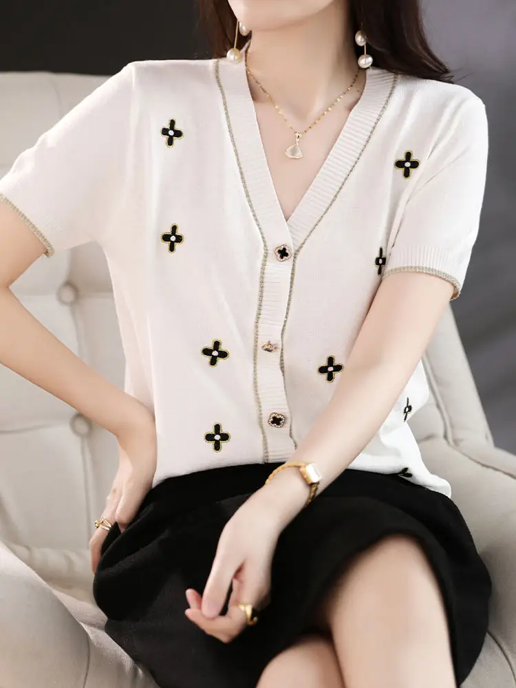 Ice Silk V-Neck Cardigan Pullover for Women - Image 5