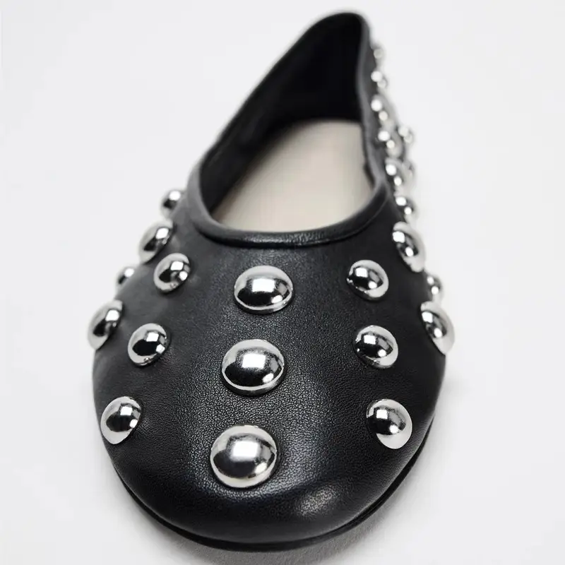 Black Rivet Leather Ballet Flat Shoes for Women