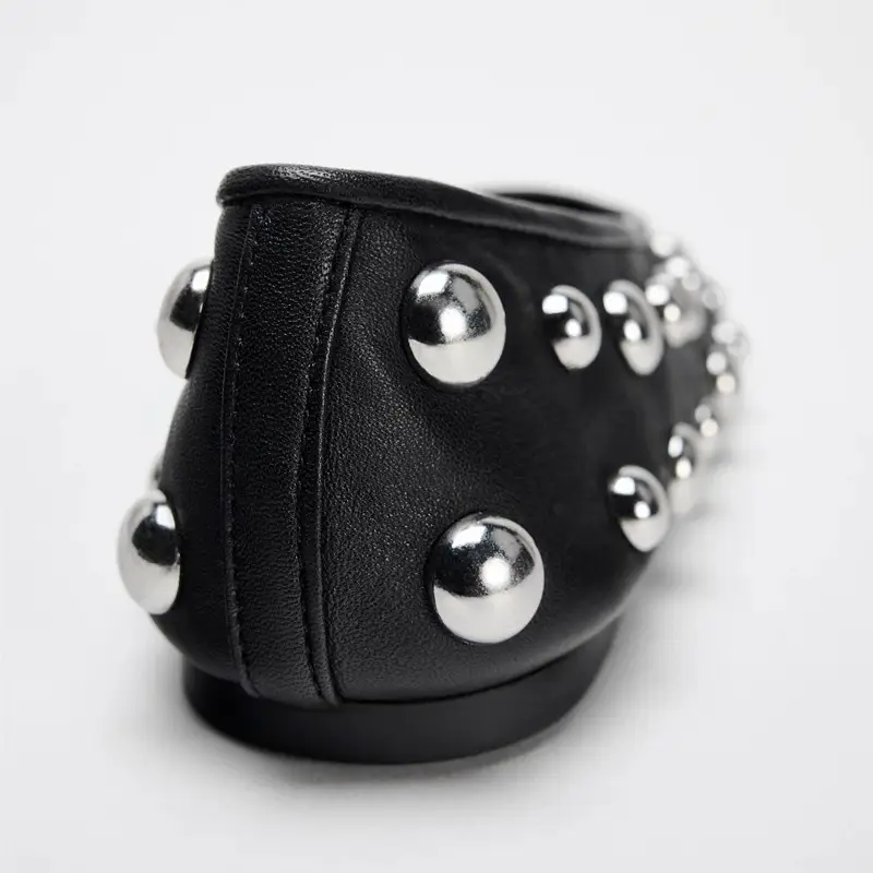 Black Rivet Leather Ballet Flat Shoes for Women