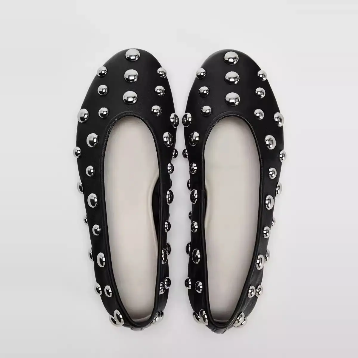 Black Rivet Leather Ballet Flat Shoes for Women