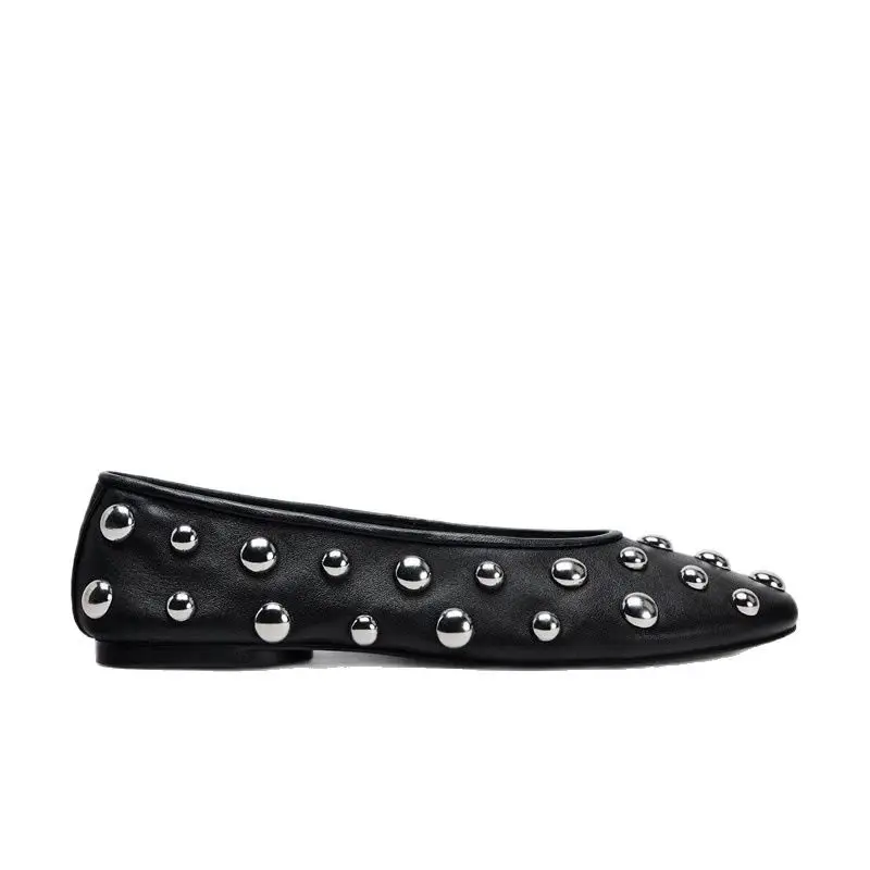 Black Rivet Leather Ballet Flat Shoes for Women