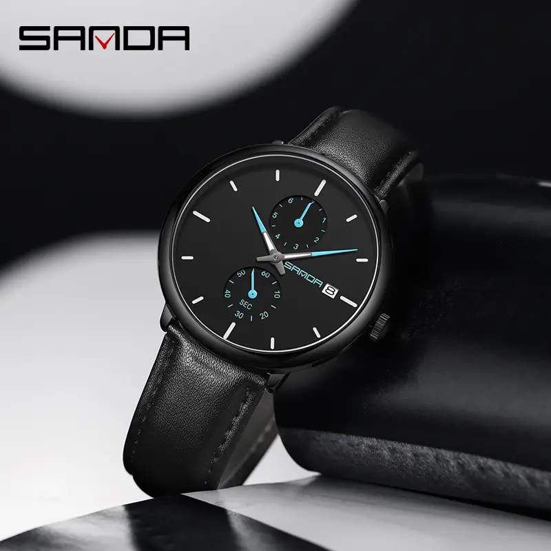Sanda Men's Black Leather Watch with Luminous Dial - Image 9