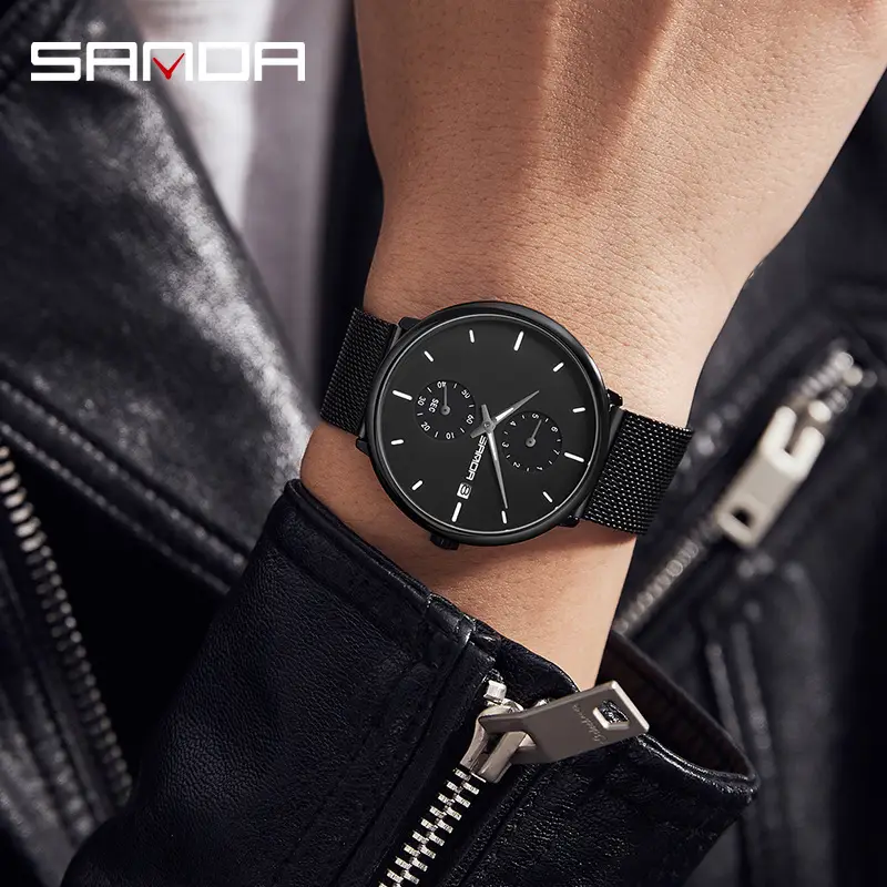 Sanda Men's Black Leather Watch with Luminous Dial - Image 10