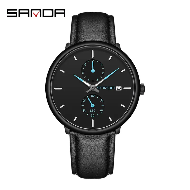 Sanda Men's Black Leather Watch with Luminous Dial - Image 2