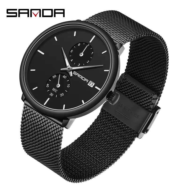 Sanda Men's Black Leather Watch with Luminous Dial - Image 5