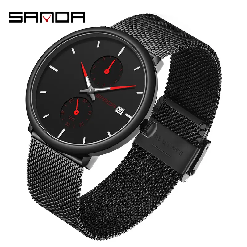Sanda Men's Black Leather Watch with Luminous Dial - Image 7