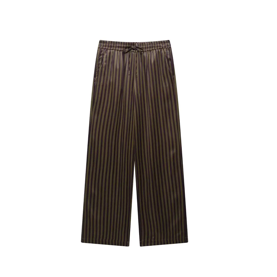 Europe and the United States foreign trade wholesale 2025 summer new women's striped silk satin texture shirt pants suit women — feature 15