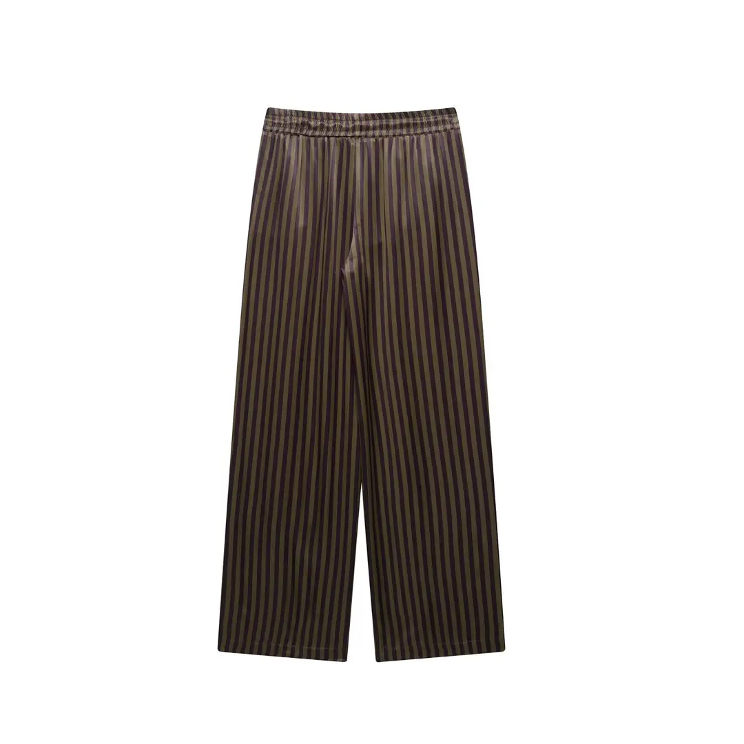 Europe and the United States foreign trade wholesale 2025 summer new women's striped silk satin texture shirt pants suit women — feature 16