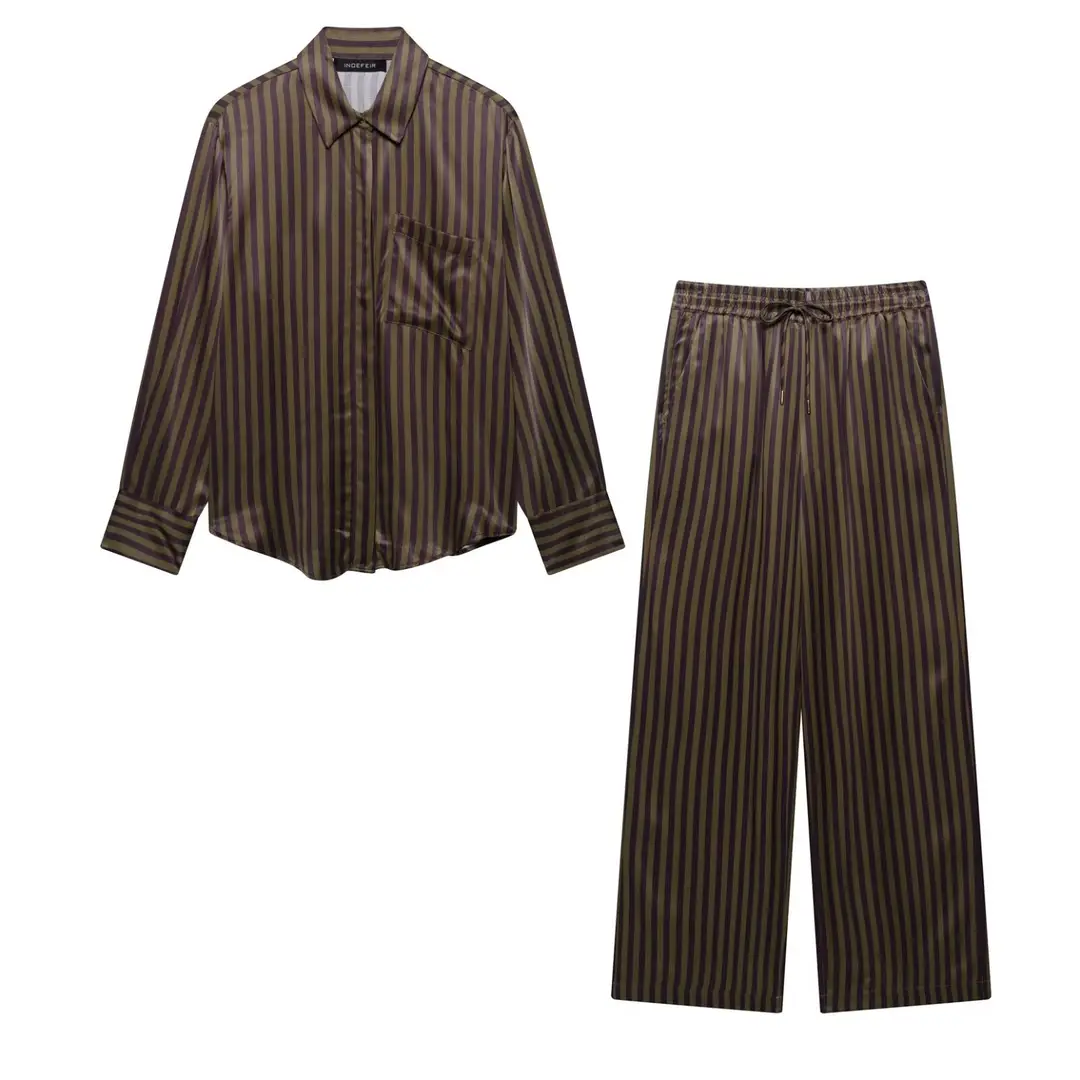 Europe and the United States foreign trade wholesale 2025 summer new women's striped silk satin texture shirt pants suit women — feature 3