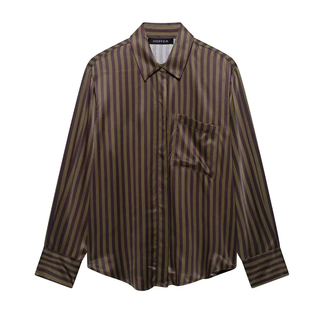 Europe and the United States foreign trade wholesale 2025 summer new women's striped silk satin texture shirt pants suit women — feature 4