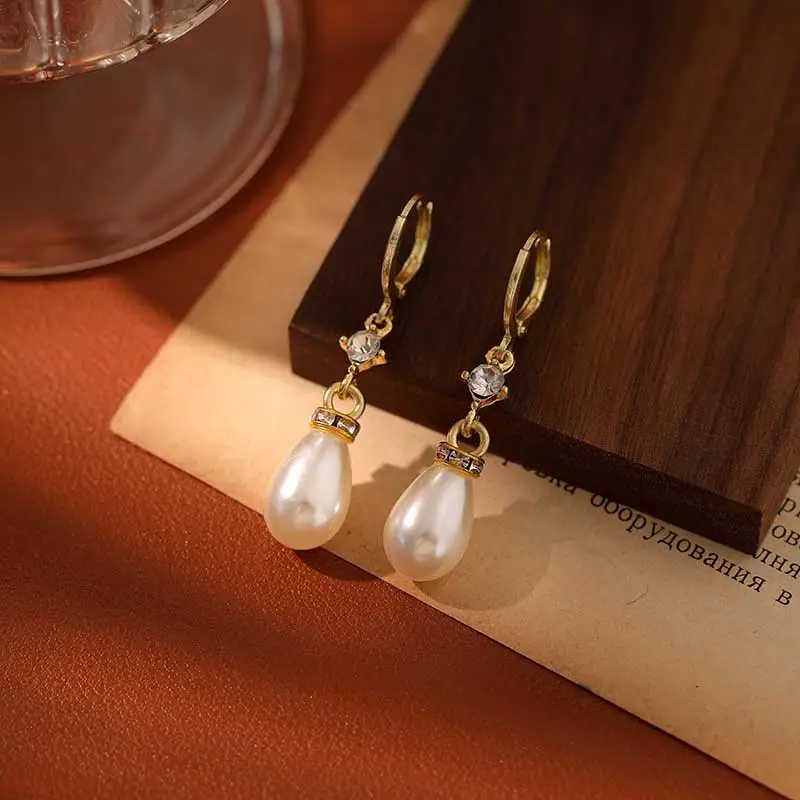 Pearl Drop Earrings Antique Chinese Style Gold Plated