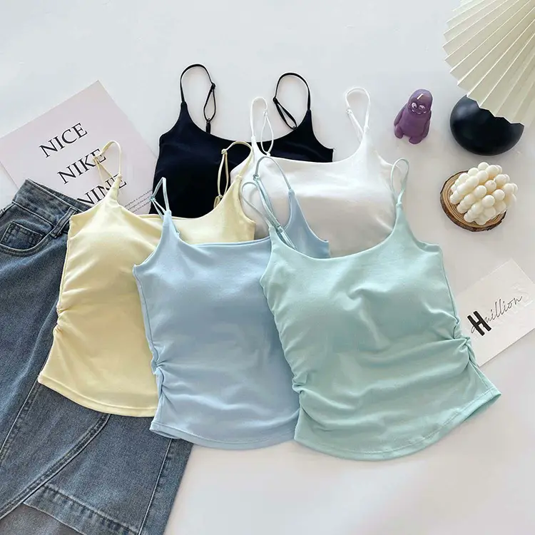 Dopamine Fresh Small Camisole Women's Top with Chest Pad Pleated Outer Wear Inner Slim-fit Base Pure Desire Girl Top