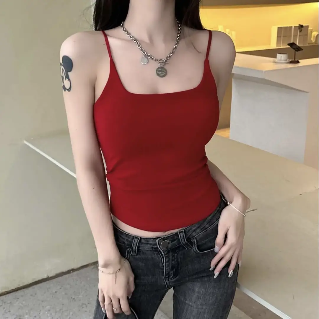 Dopamine Fresh Small Camisole Women's Top with Chest Pad Pleated Outer Wear Inner Slim-fit Base Pure Desire Girl Top