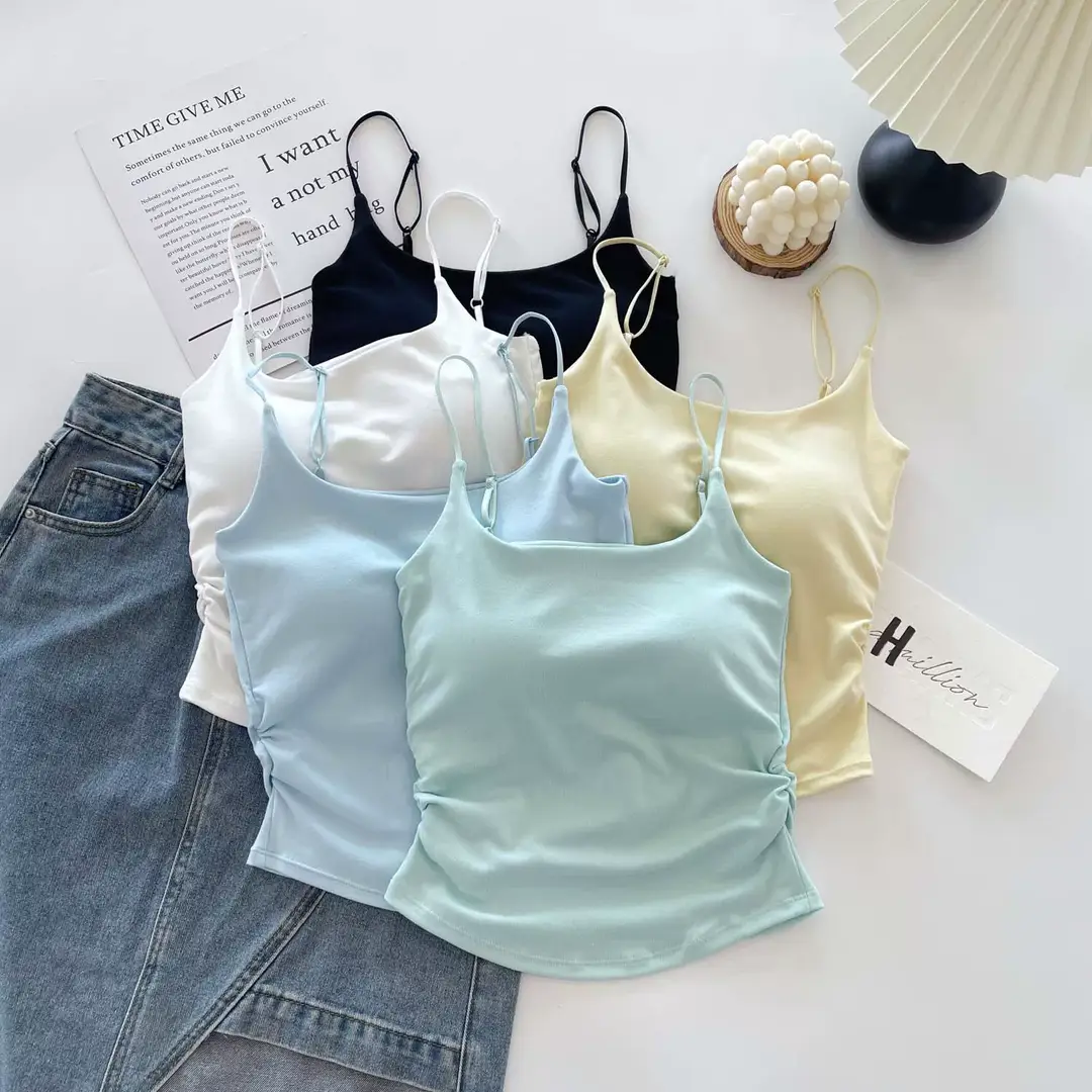 Dopamine Fresh Small Camisole Women's Top with Chest Pad Pleated Outer Wear Inner Slim-fit Base Pure Desire Girl Top — feature 10