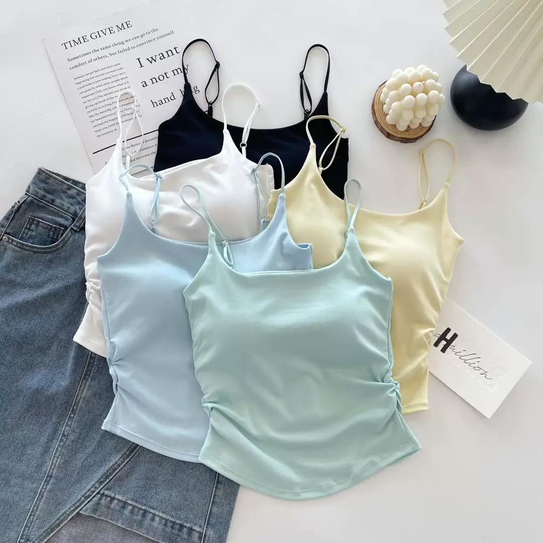 Dopamine Fresh Small Camisole Women's Top with Chest Pad Pleated Outer Wear Inner Slim-fit Base Pure Desire Girl Top — feature 13