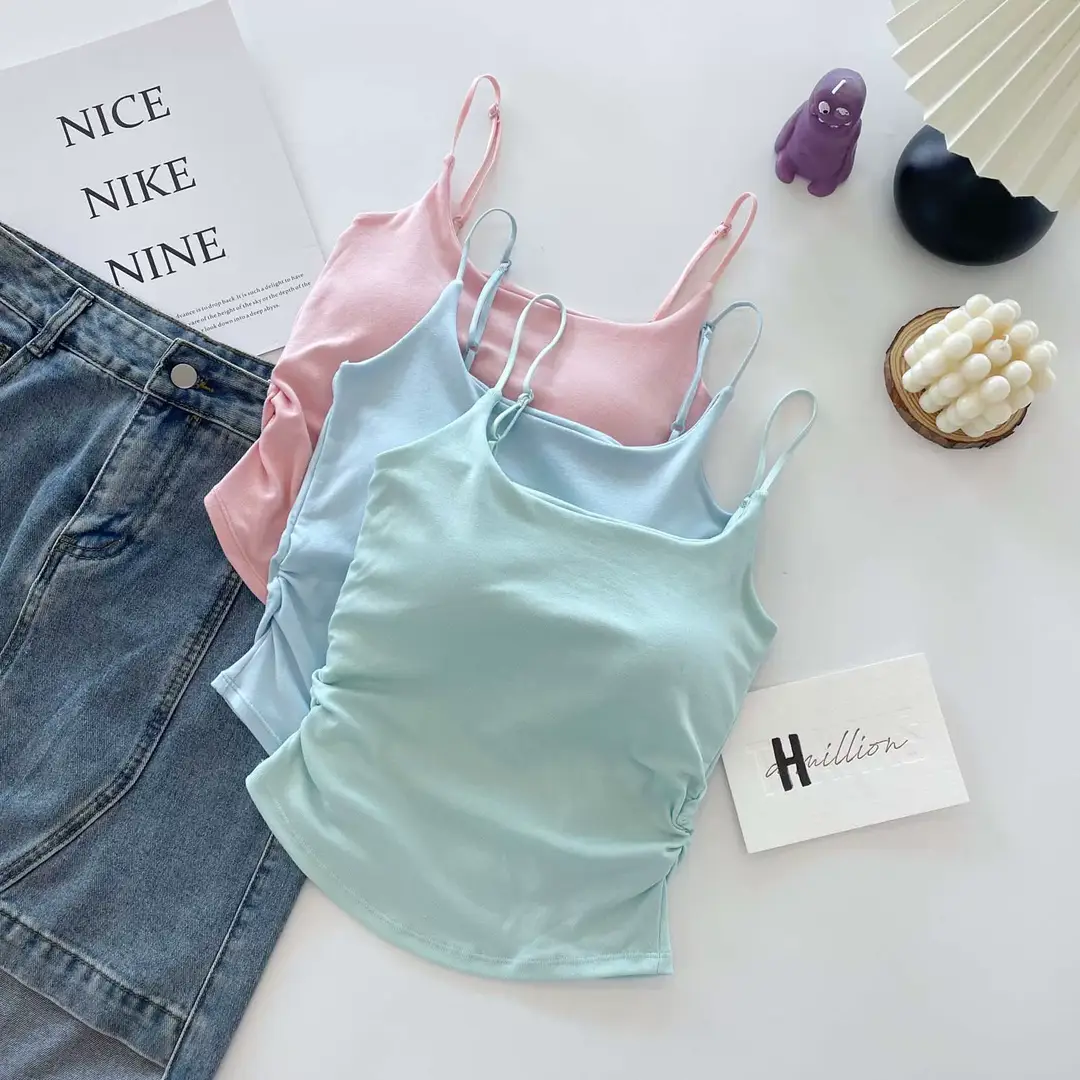 Dopamine Fresh Small Camisole Women's Top with Chest Pad Pleated Outer Wear Inner Slim-fit Base Pure Desire Girl Top — feature 14