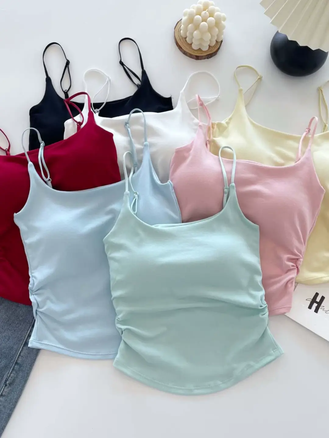 Dopamine Fresh Small Camisole Women's Top with Chest Pad Pleated Outer Wear Inner Slim-fit Base Pure Desire Girl Top — feature 4