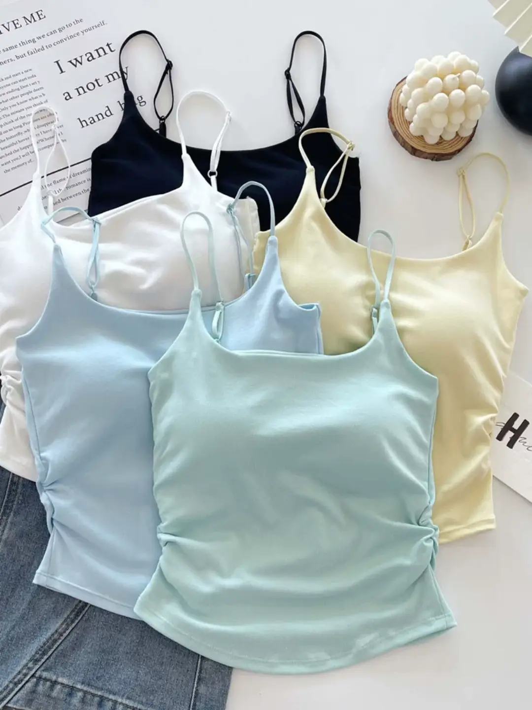 Dopamine Fresh Small Camisole Women's Top with Chest Pad Pleated Outer Wear Inner Slim-fit Base Pure Desire Girl Top — feature 5