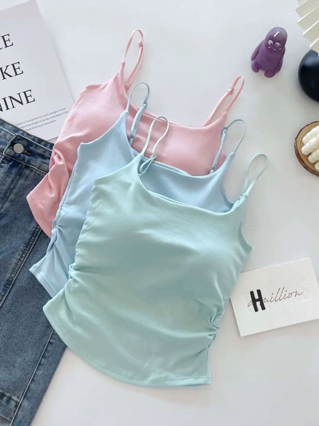 Dopamine Fresh Small Camisole Women's Top with Chest Pad Pleated Outer Wear Inner Slim-fit Base Pure Desire Girl Top — feature 7