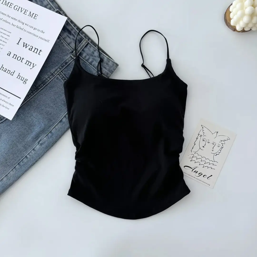 Dopamine Fresh Small Camisole Women's Top with Chest Pad Pleated Outer Wear Inner Slim-fit Base Pure Desire Girl Top