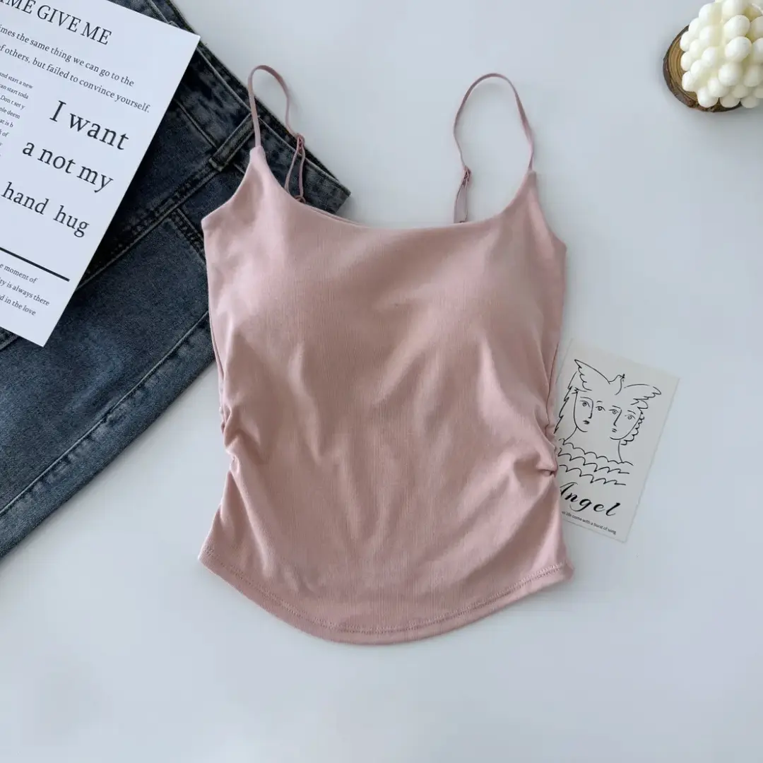 Dopamine Fresh Small Camisole Women's Top with Chest Pad Pleated Outer Wear Inner Slim-fit Base Pure Desire Girl Top