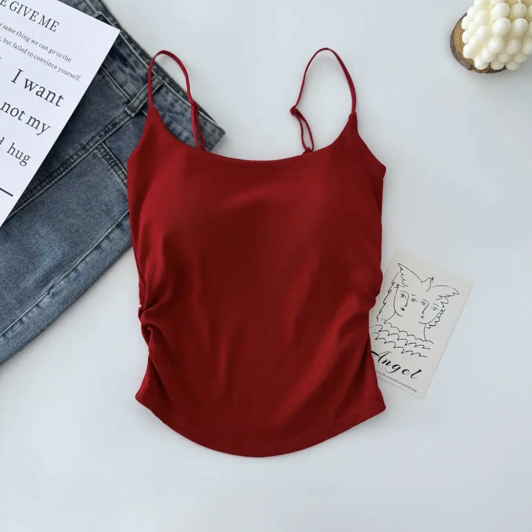 Dopamine Fresh Small Camisole Women's Top with Chest Pad Pleated Outer Wear Inner Slim-fit Base Pure Desire Girl Top