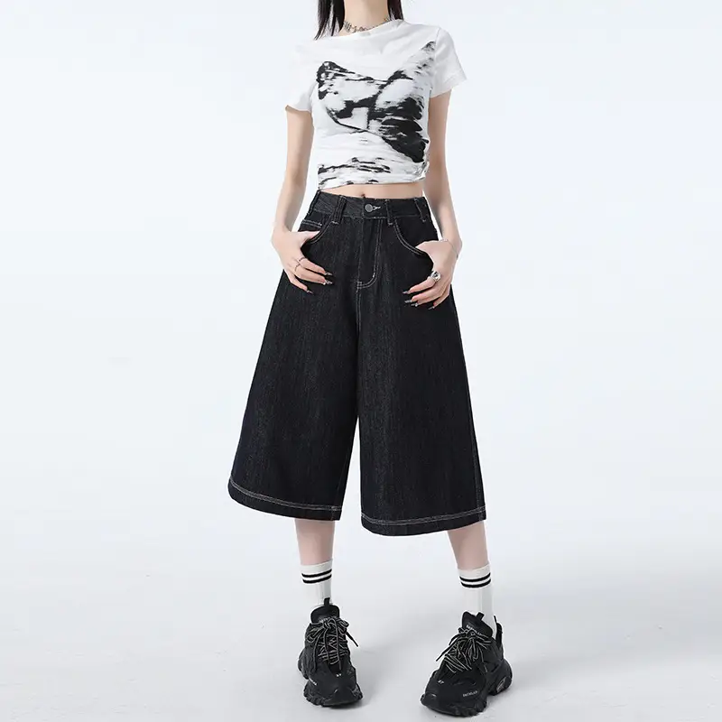 Women Dark Blue Wide Leg Tannin Crop Pants 2025