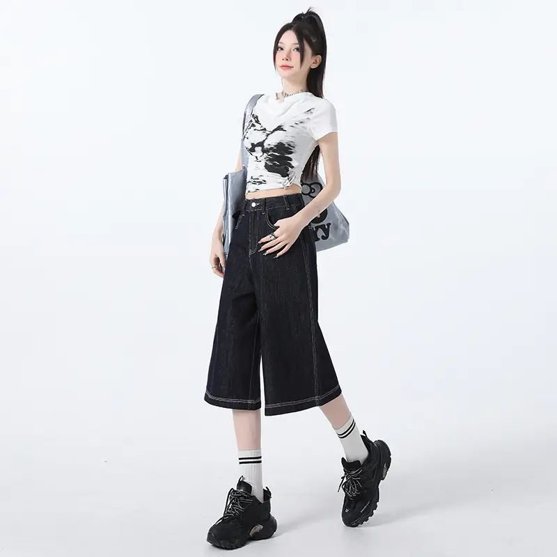 Women Dark Blue Wide Leg Tannin Crop Pants 2025