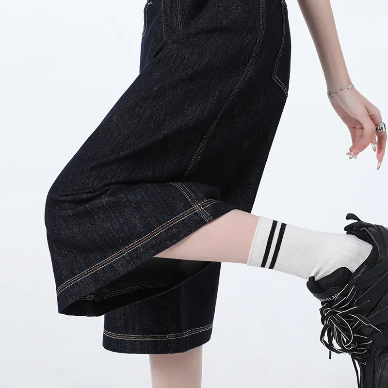 Women Dark Blue Wide Leg Tannin Crop Pants 2025