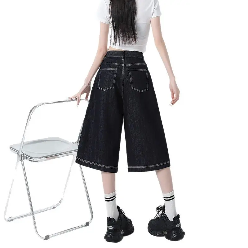 Women Dark Blue Wide Leg Tannin Crop Pants 2025