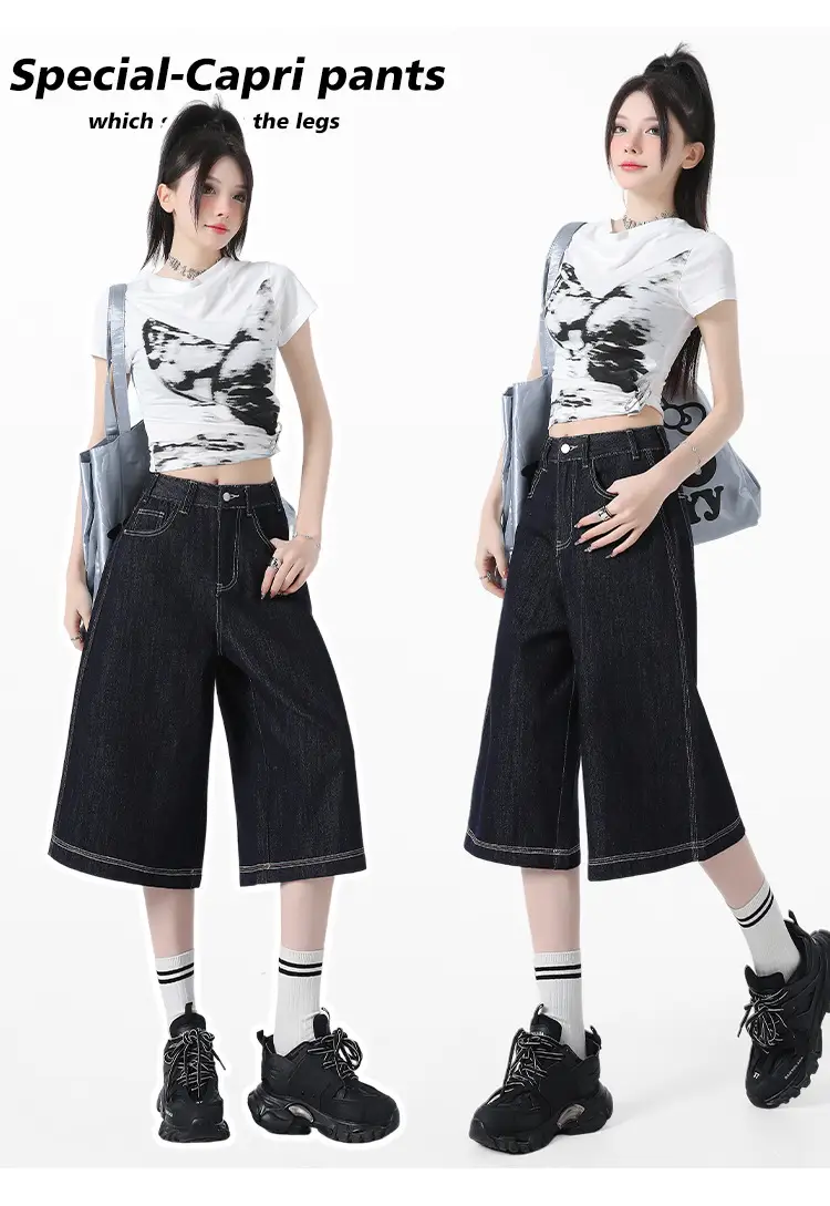 Women Dark Blue Wide Leg Tannin Crop Pants 2025 — feature 2