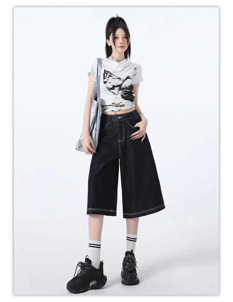 Women Dark Blue Wide Leg Tannin Crop Pants 2025 — feature 8