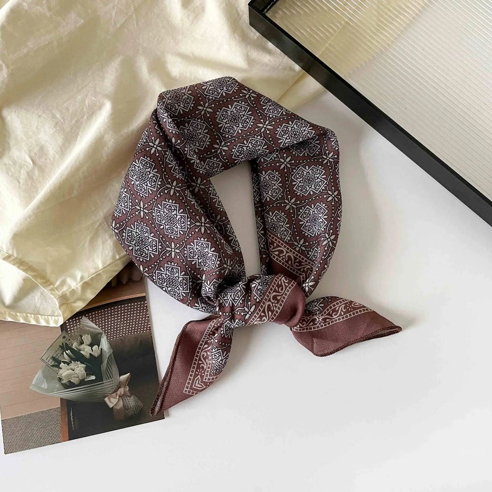 Plaid Leopard Print Scarf for Women Brown - Image 13