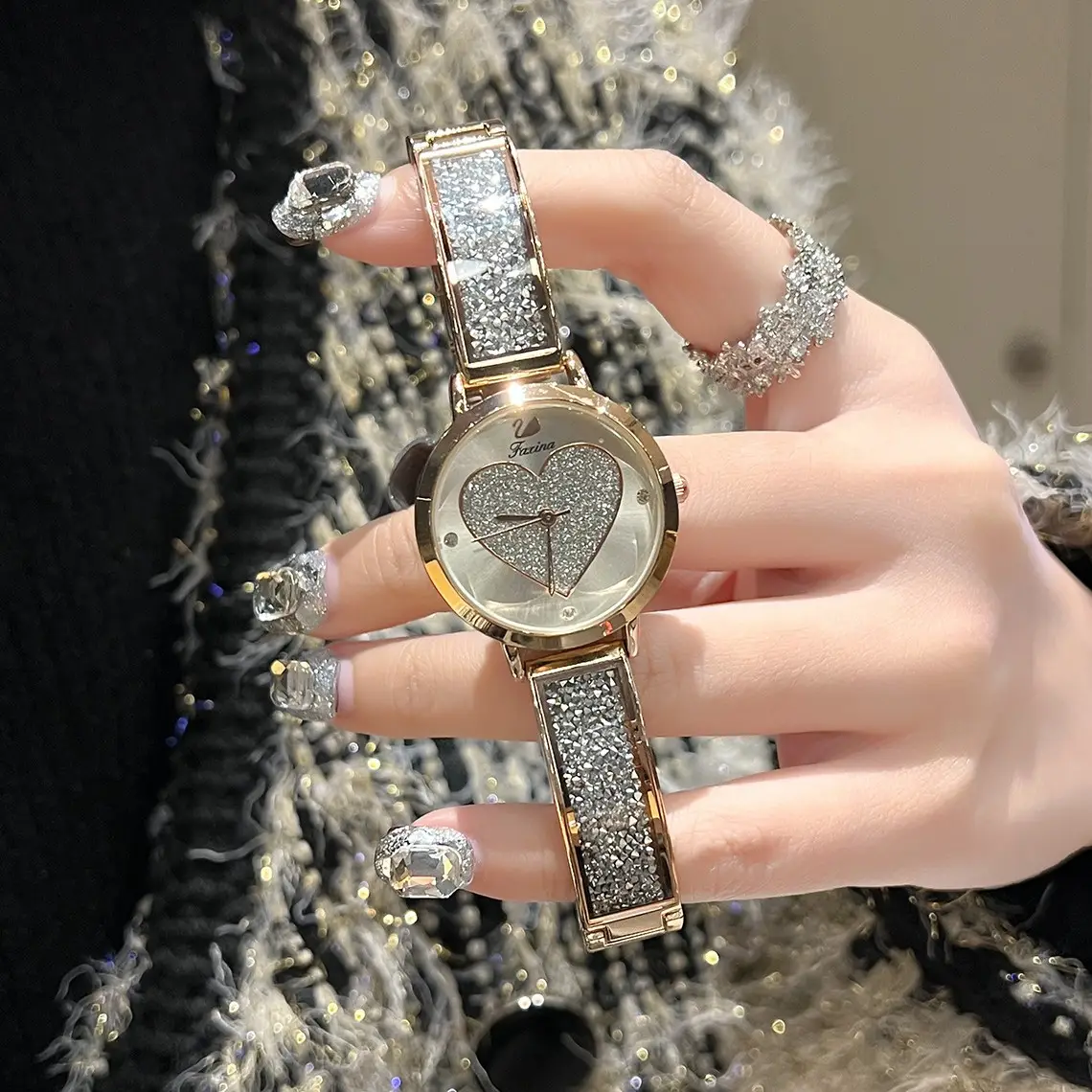 Gold Heart Watch for Women with Crystal Band - Image 2