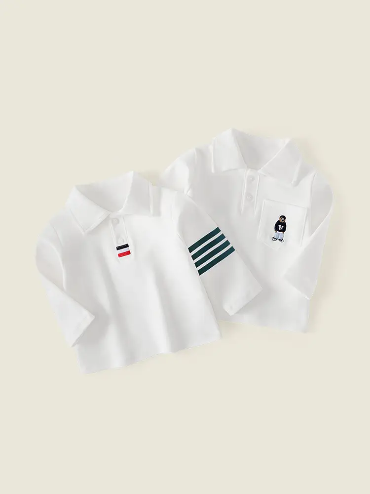 New Boys' White Polo Shirt Cotton Long Sleeve Top - Image 6