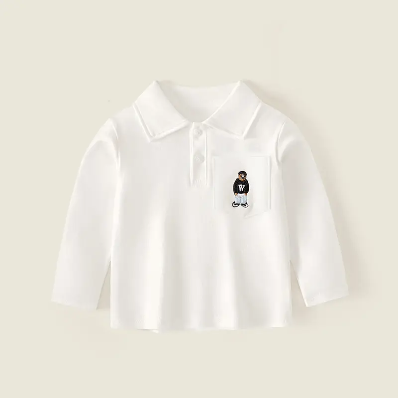 New Boys' White Polo Shirt Cotton Long Sleeve Top - Image 2