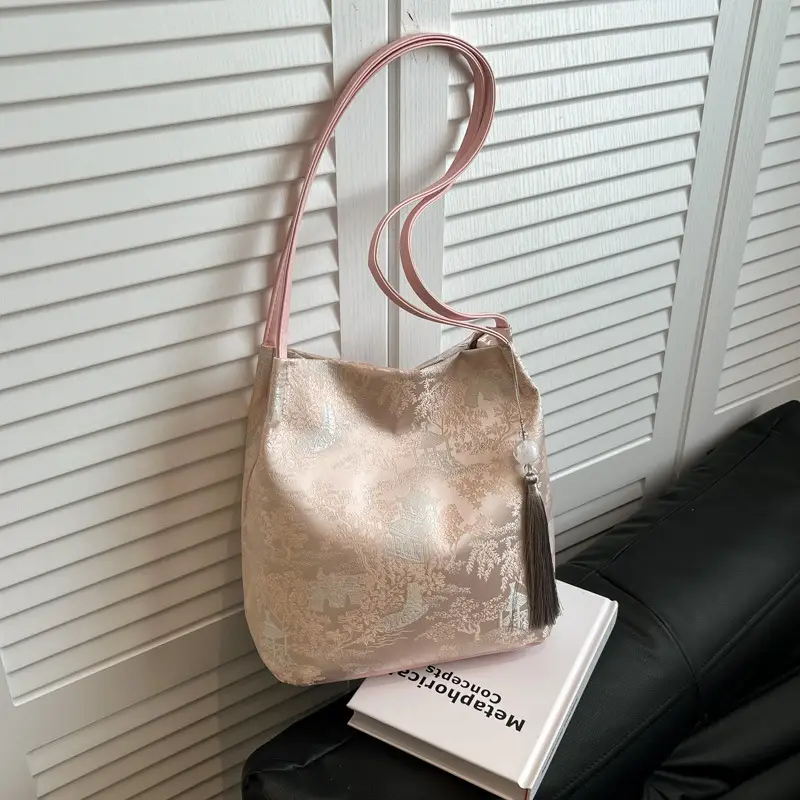 Golden Embroidered Shoulder Bag with Tassel for Women