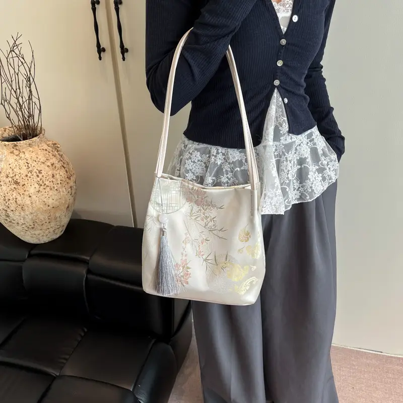 Golden Embroidered Shoulder Bag with Tassel for Women