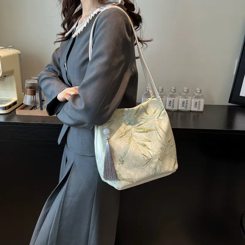 Golden Embroidered Shoulder Bag with Tassel for Women