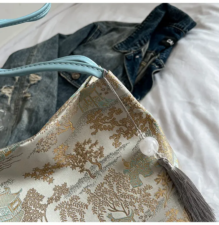 Golden Embroidered Shoulder Bag with Tassel for Women — feature 10