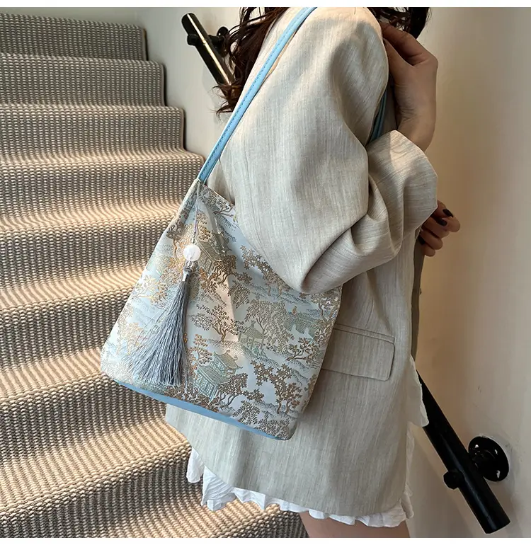 Golden Embroidered Shoulder Bag with Tassel for Women — feature 13