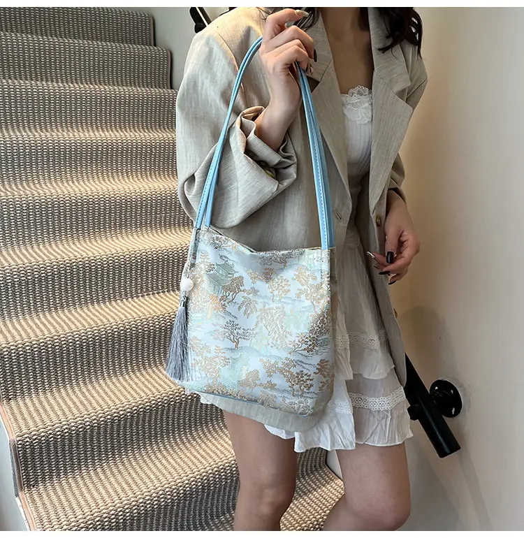 Golden Embroidered Shoulder Bag with Tassel for Women — feature 14