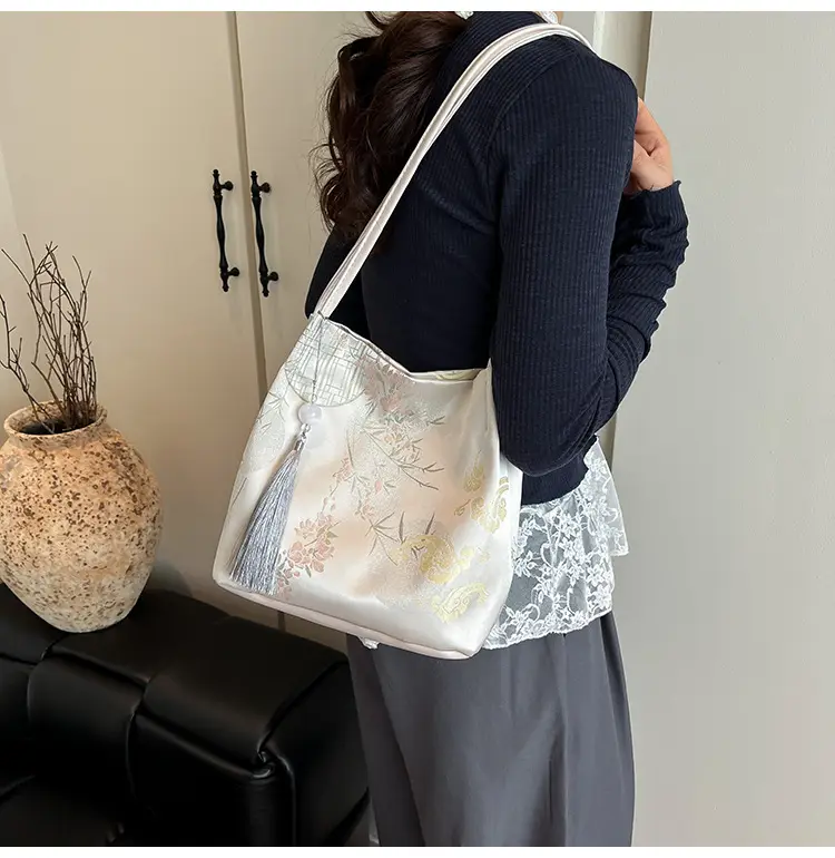 Golden Embroidered Shoulder Bag with Tassel for Women — feature 18